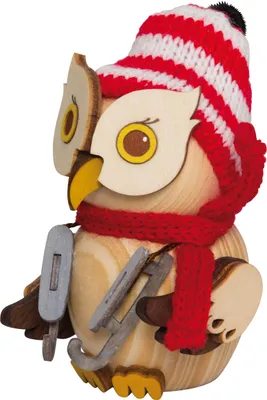 Produktbild von Drechslerei Kuhnert - Mini-Eulen aus Holz - mit Schlittschuhen - ca. 7 cm groß - als Dekoration oder Geschenk geeignet