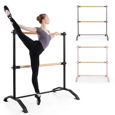 Productafbeelding van COSTWAY Balletstang, in hoogte verstelbaar (63 - 119 cm), dansstang met bamboengreep en metalen frame, belastbaar tot 65 kg, vrijstaande dubbele stang, zwart