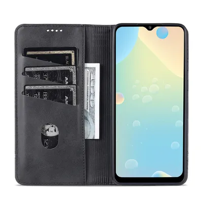 A black leather wallet-style phone case is open, showing credit cards and a banknote inserted, with a smartphone displaying a colorful wallpaper on the right.