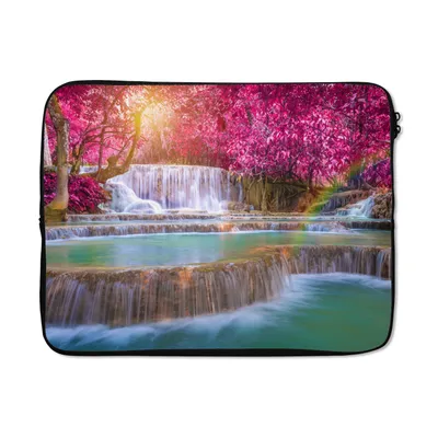 Produktbild von MuchoWow® Laptop Hülle 17 Zoll Laptoptasche Wasserfall - Regenbogen - Bäume - Rosa - Natur - Zipper - Schutzabdeckung