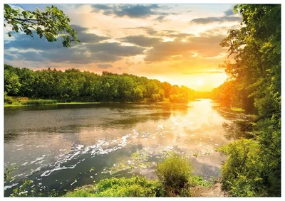 Produktbild von Wallario Premium Glasbild, freischwebende Optik, kräftige Farben, Größe 100 x 70 cm Motiv Sonnenuntergang am Fluss in grüner Umgebung