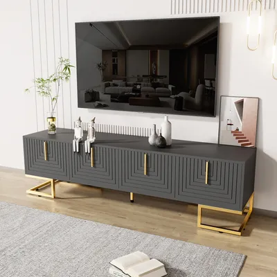 Produktbild von okwish TV-Schrank TV-Lowboard mit 4 Türen, Lange 170cm, Fernsehtisch Wohnzimmerschränke TV-Möbel mit goldenen Griffen und goldenen Füßen für Wohnzimmer, Esszimmer und Schlafzimmer, grau