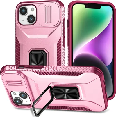 Produktbild von Handyhülle für iPhone 13 Dual Layer Hülle mit Schiebe Kamera Schutz und Ringhalter Ständer Rosa