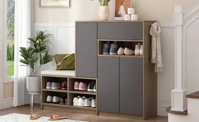Image de MODFU Meuble à Chaussures Gris - Banc d’Entrée avec Assise Confortable, 1 Tiroir et Compartiments Ouverts - Meuble de Rangement 140x35x100 cm