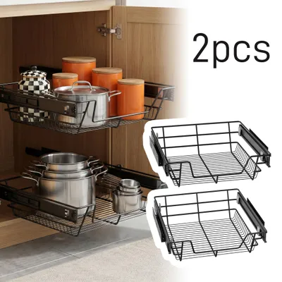 Obrázek produktu pro UISEBRT 2X Výsuvný košík do police, vhodný do skříněk o šířce 50 cm, šířka košíku 47 cm, železná zásuvka do kuchyňské skříňky s teleskopickou kolejnicí, černá