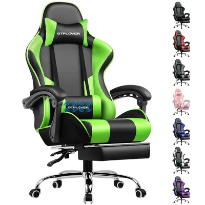 Obrázek produktu pro GTPLAYER Herní židle s podnožkou a masážním bederním polštářem Kancelářská židle pro hráče Ergonomická herní židle s připojitelnými područkami Nosnost až 150 kg Zelená