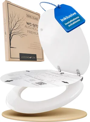 Produktbild von LOBENSWERK Toilettendeckel mit Absenkautomatik Holz | Edelstahlscharnieren | antibakteriell | Quick-Release-Funktion | Klobrille | Weiß Glanz