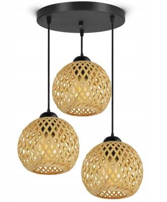 A triple pendant light with woven bamboo shades hangs from a black ceiling plate.