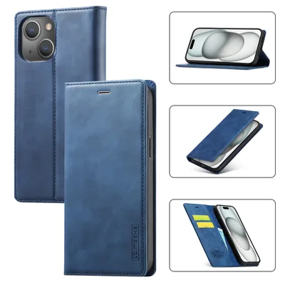 Immagine prodotto di Custodia in pelle per iPhone 15 Plus, con funzione stand e portacarte, custodia design portafoglio blu