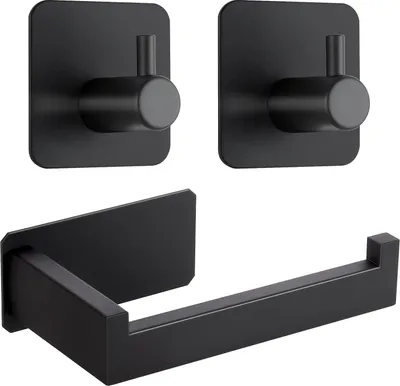 Image de Distributeur de papier toilette Sans Percer, Acier Inoxydable Autoadhésif Distributeur de Papier toilette avec 2 Crochets à Serviette,Wc Support Papier pour Salle de Bains et Cuisine, Noir