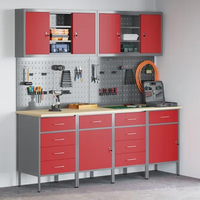 Productafbeelding van vidaXL Werkbank met laden, 10 stuks, rood, voor ingenieurs, van hout en staal
