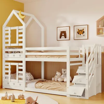 Zdjęcie produktu dla Łóżko piętrowe 90x200 cm w kolorze białym, wykonane z litego drewna sosnowego, MDF i płyty wiórowej, z szufladami, schodami z miejscem do przechowywania, barierami ochronnymi i dwoma stelażami