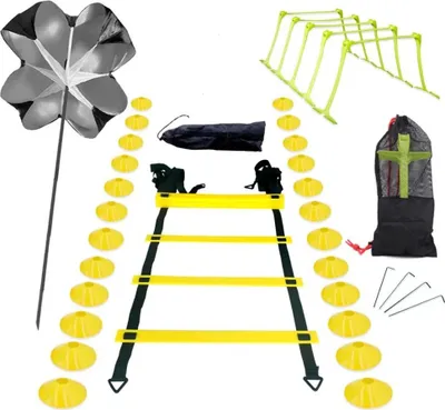 Produktbild von Agility Trainingsset - Speed Ladder Set - 1 Leiter - 24 Markierungshütchen - Widerstandsfallschirm - 5 Verstellbare Hürden - Fußarbeit & Schnelligkeit