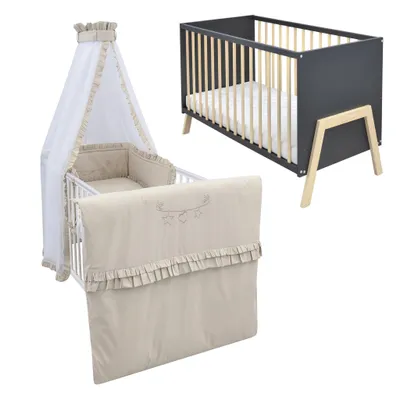 Produktbild von Babybett Kinderbett Gitterbett Juna 60x120 Anthrazit Schutzgitter Matratze Bettwäsche Set 10tlg Royal Beige Rüsche