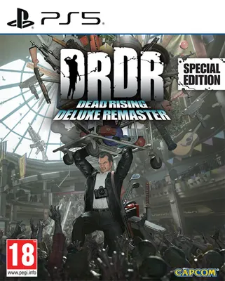 The cover art for the video game Dead Rising Deluxe Remaster Special Edition for PS5, featuring the main character holding a shopping cart over his head amidst a crowd of zombies.