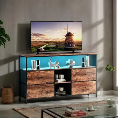 Produktbild von INONEFT Kleiner TV Schrank mit LED Beleuchtung, TV-Ständer mit 4 Stoffkommode, TV Lowboard für Wohnzimmer, Schlafzimmer, Flur 108x30x77 cm, Braun