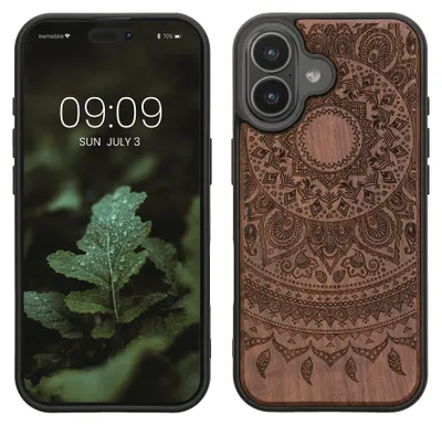 Produktbild von kwmobile Hülle kompatibel mit iPhone 17 Hülle - Holz Case - Handy Cover - TPU Handyhülle in Dunkelbraun Indische Sonne