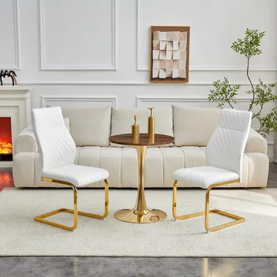 Image de Ensemble table et chaises, table ronde de 60 cm aspect noyer avec pied central doré + 2 chaises blanches en PU