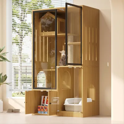 A multi-level cat tree with enclosed spaces, scratching posts, and clear doors, placed near a window with blinds.