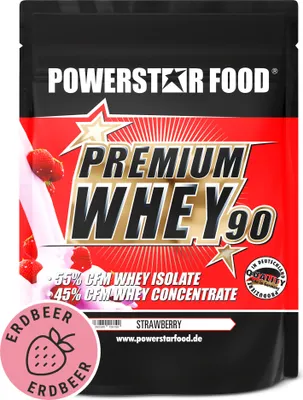 Produktbild von Powerstar PREMIUM WHEY 90 | 90% Protein i.Tr. | Whey-Protein-Pulver 850 g | 55% CFM Whey Isolat & 45% CFM Konzentrat | Eiweiß-Pulver Strawberry