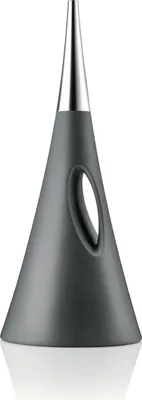 A gray watering can with a silver spout is shown against a white background.