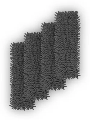 Four dark gray chenille mop pads arranged in a stepped pattern on a white background.