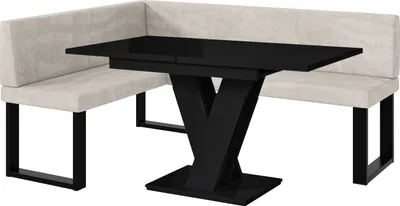 Produktbild von MEBLINI Eckbank für Esszimmer mit ausziehbarem Tisch  - Küchenbank - Essecke - Sitzecke Küche - TONI - U-Beine 128x168x87cm Links - Beige Samt/M Schwarz Hochgl.