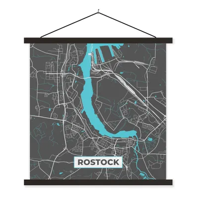 Produktbild von MuchoWow® Textilposter Blau - Deutschland - Karte - Rostock 60x60 cm mit schwarzem Rahmen - Posteraufhänger