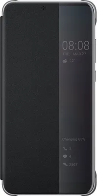 A black smartphone case with a flip cover is shown.