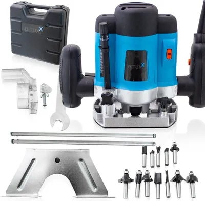 Produktbild von Bituxx 1200W Oberfräse Fräse Kantenfräse Holzfräse Parallelanschlag, Absaugadapter inklusive 12 tlg. Fräser Set MS-18364