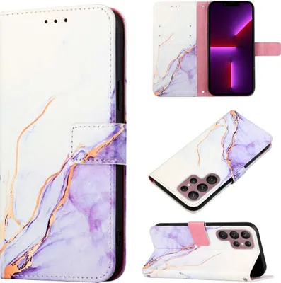 Produktbild von König Design Hülle kompatibel mit Samsung Galaxy S22 Ultra 5G Kunstleder Handyhülle - Handy Case Weiß Lila