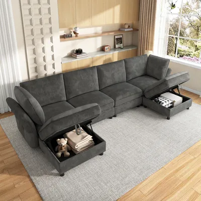 Produktbild von okwish Ecksofa 6-Sitzer mit 2 Hocker und geschwungene Armlehnen, Modulares Wohnzimmersofa mit Stauraum, Kombisofa in Grau