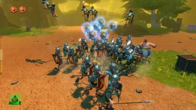 A battle scene from a video game with cartoonish Roman soldiers fighting.