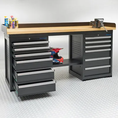 Produktbild von Werkbank PRO in Schwarz mit Arbeitsplatte aus Bambus und 12 Schubladen - 200 cm