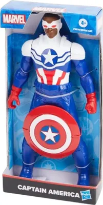 A Captain America action figure in its retail packaging.