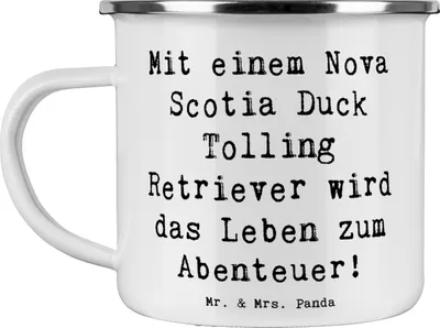 Produktbild von Mr. & Mrs. Panda Emaille Becher Spruch Nova Scotia Duck Abenteuer - Weiß - Geschenk, Tasse, Hunderasse, Outdoor-Hund, Natur, Kaffeepott, Pott, Jagdhunde, Teetasse, Haferl