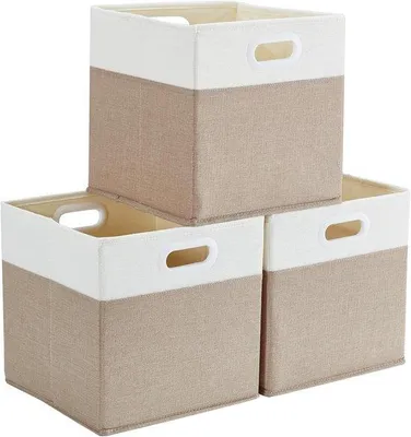 Produktbild von Grosse Stoffbehälter für Schränke - 33x38x33 cm - 3er Set - Hellkaki und Weiß