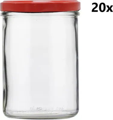 A clear glass jar with a red lid is shown against a white background.