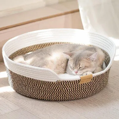 Produktbild von Famanu Katzenbett mit Kissen aus geflochtenem Baumwollseil - 47 cm, waschbar, für Katzen und kleine Hunde