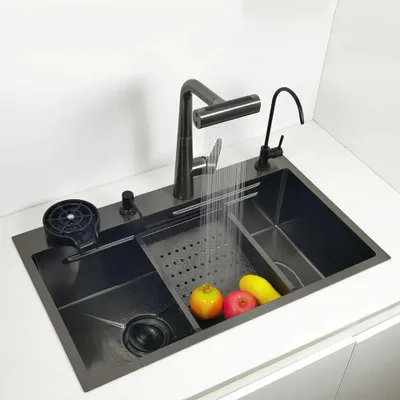 Immagine prodotto di Lavello da cucina in acciaio inossidabile – Lavello per cucina – Lavello da incasso – Miscelatore a cascata, dimensioni 75x46 cm