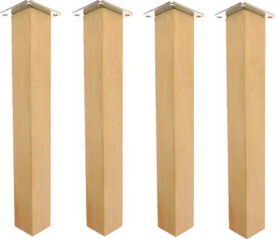 Four wooden furniture legs with metal corner brackets are arranged in a row against a white background.