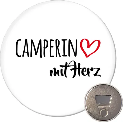 Produktbild von Huuraa Magnet Camperin mit Herz 59mm Kühlschrankmagnet rund Flaschenöffner Geschenkidee