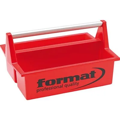 A red tool caddy with a silver handle is shown against a white background.