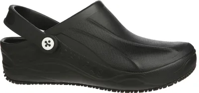 A black clog-style shoe with a strap is shown from the side against a white background.