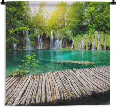 Produktbild von MuchoWow® Wandteppich Wandbehang Brücke - Wasserfall - Natur 150x150 cm Tapisserie Dekoration Wandtuch - Wohnaccessoires - Modernes