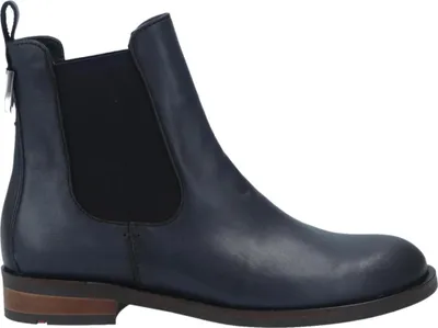 A single blue Chelsea boot is shown against a white background.