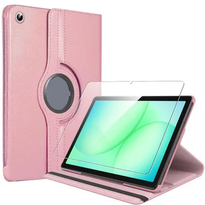 Image de Coque + Verre Trempé pour Samsung Galaxy Tab A11 Plus / A9 Plus, Protection Rotative 360° CuirPolyuréthane- Rose