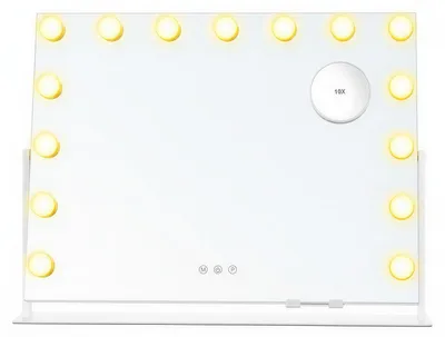 Obrázok produktu pre LED kozmetické zrkadlo s 15 žiarovkami, 10-násobným zväčšením a nabíjacím portom | Biele | 62,5 x 10 x 45,8 cm