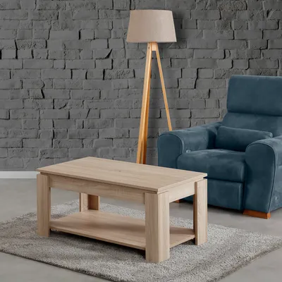 Imagen del producto de Skye Decor, estante - Color roble claro, mesa de centro - Color roble claro, fabricada con paneles de fibra de densidad media (MDF) con revestimiento de melamina al 100%, dimensiones: 104 x 56 x 47 cm