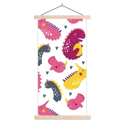Produktbild von MuchoWow® Textilposter Dino - Muster - Kind - Rosa - Mädchen 40x80 cm mit holzfarbenen Rahmen - Wohnzimmer